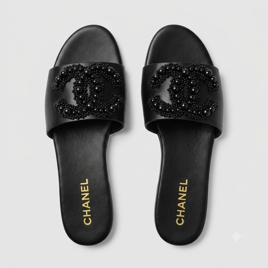 Buy Chan_ell Pearl CC Logo Flat Slides - Image 3